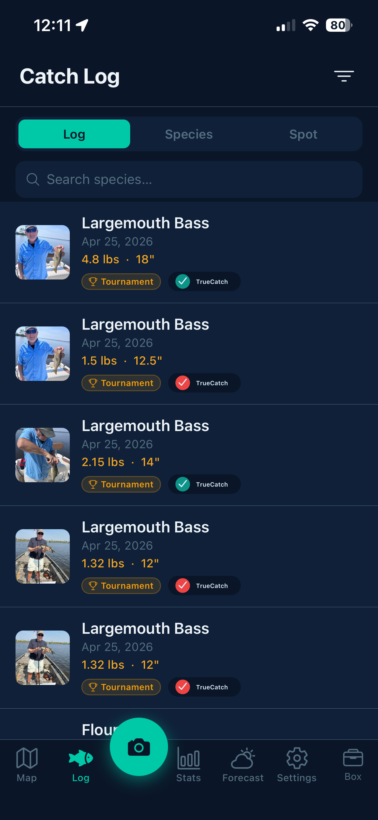 Catch Log screen